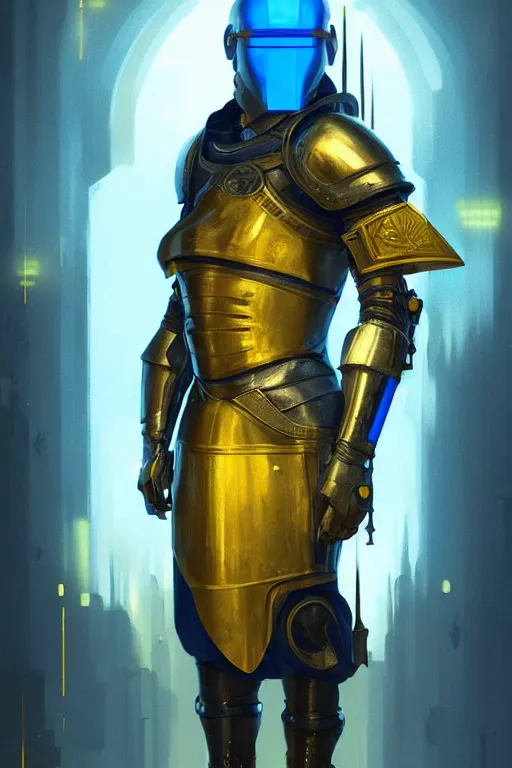 Image similar to medieval knight, cyberpunk, blue and yellow glow, realistic portrait full body, symmetrical, highly detailed, digital painting, artstation, concept art, smooth, sharp focus, illustration, cinematic lighting, art by artgerm and greg rutkowski and alphonse mucha