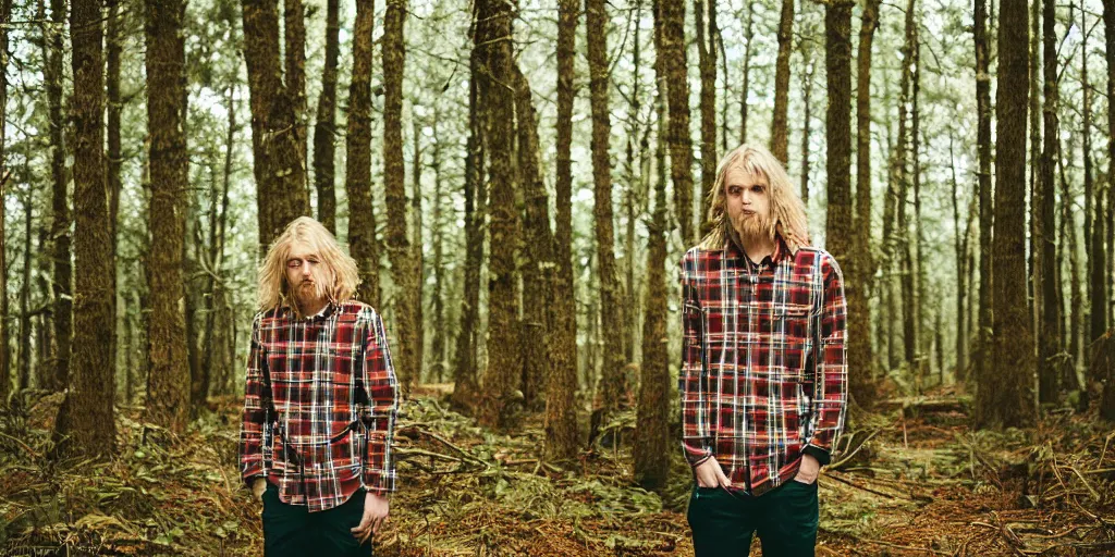 Image similar to tall!!! (((blond))) man wearing a flannel shirt in a forest, long wavy hair, long blond hair, blond, forest, trees, flannel shirt, lumbarjack, photo, low angle photo,