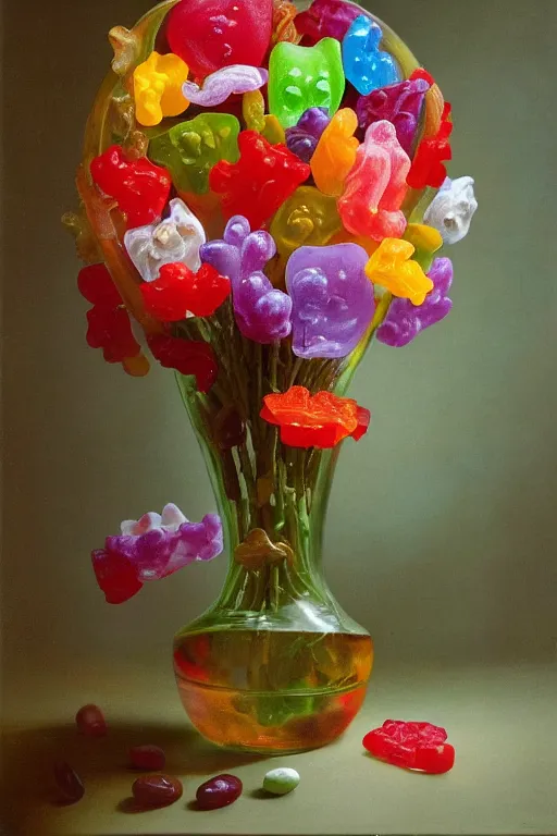 Image similar to painting of gummy flowers in a vase on a table, by rachel ruysch, pop surrealism, biomorphic, made of gummy bears flowers and jelly beans flowers, translucent gummy glowing delicious texture