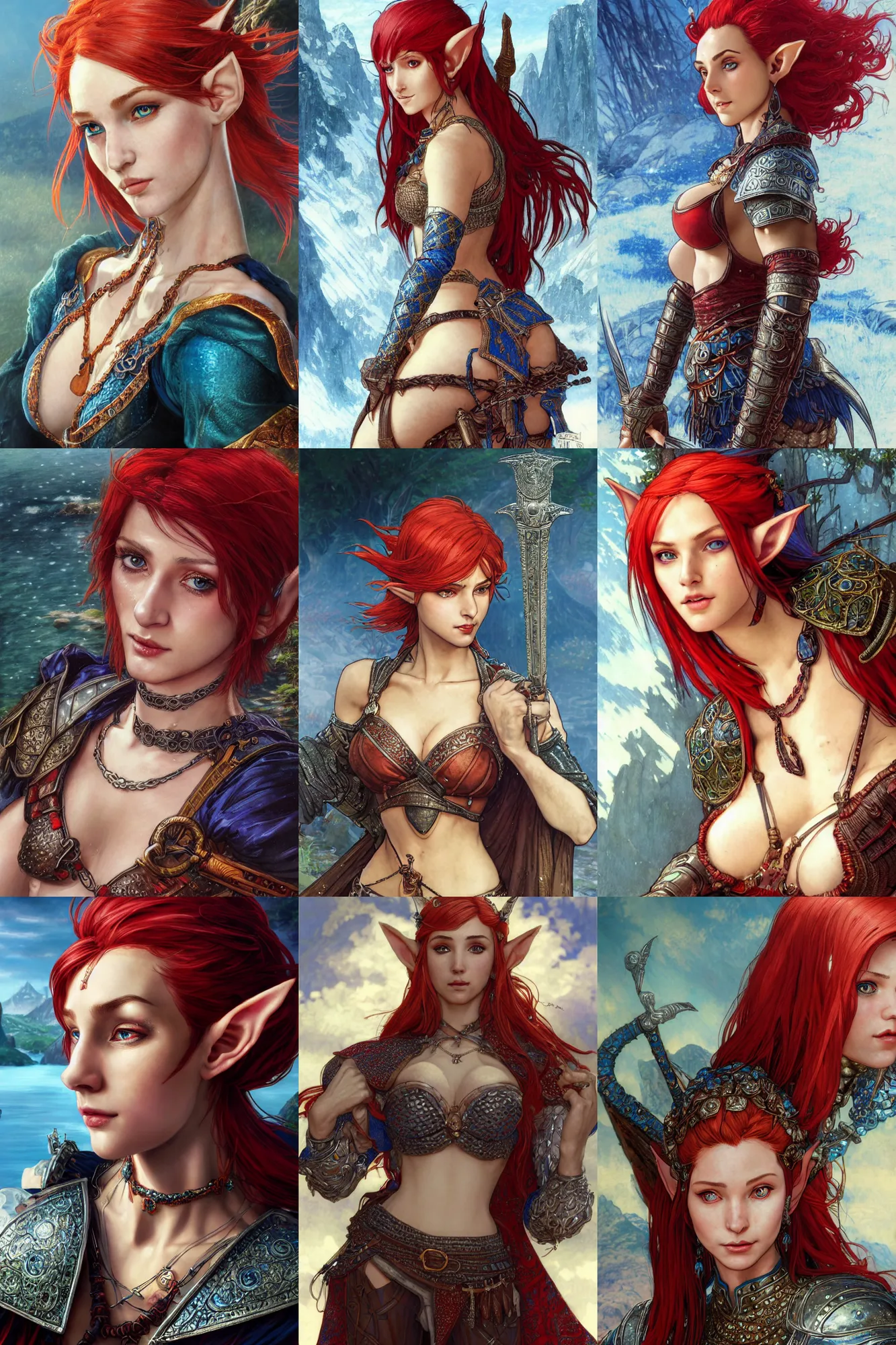 Prompt: alluring highly detailed close-up portrait of beautiful elf Shani (from Witcher 3) with red hair wearing chesty chainmail bikini and a blue cloak, very detailed, realistic, manga, pen and ink, by Stanley Artgerm Lau, greg rutkowski, thomas kindkade, alphonse mucha, loish, norman rockwell J.