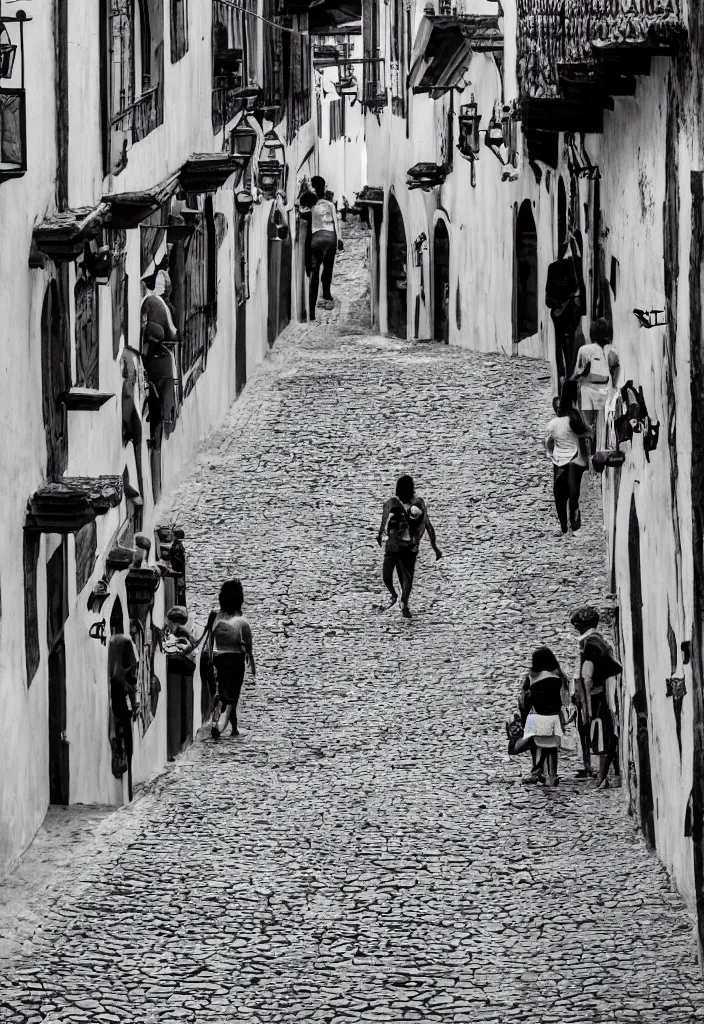 Image similar to ouro preto black and white barroc, photo close view of street with people walking