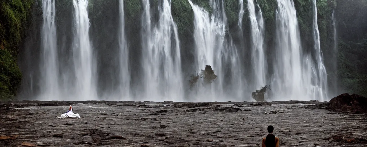 Prompt: dang ngo, annie leibovitz, steve mccurry, a simply breathtaking shot of mediating monk at one giant waterfall, wide shot, symmetrical