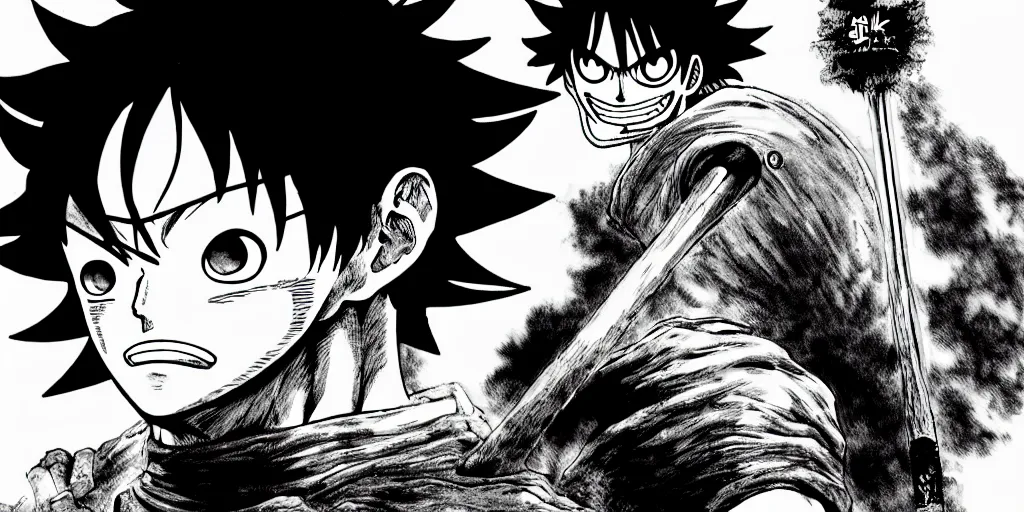 Image similar to luffy, berserk, 4 k resolution, comic style ， by miura kentaro, ultra detailed,