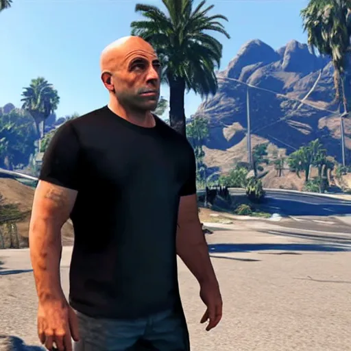 Prompt: joe rogan as the main character in the new gta 6 trailer no text