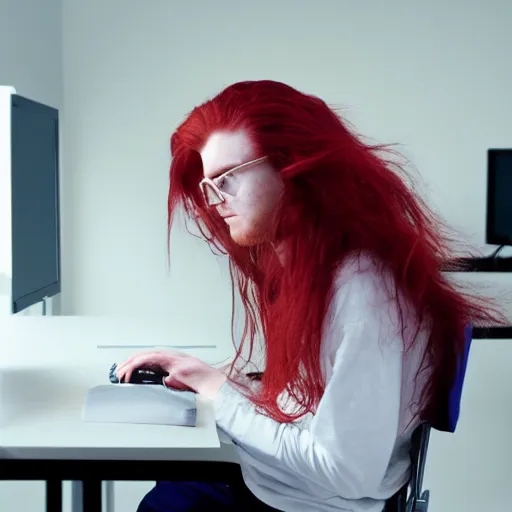 Image similar to a teenage boy red-haired long-haired, sitting at a desk with a computer, in a white room, Greg Rutkowski, 8k, sharp focus, thrid person POV