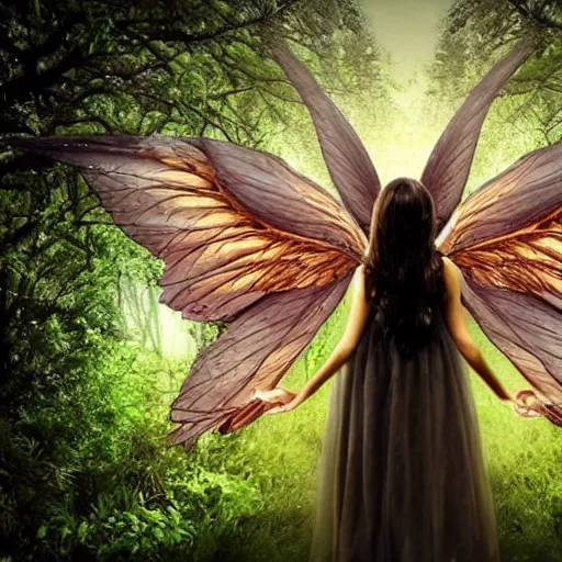 Prompt: a fairy with beautiful wings in the woods