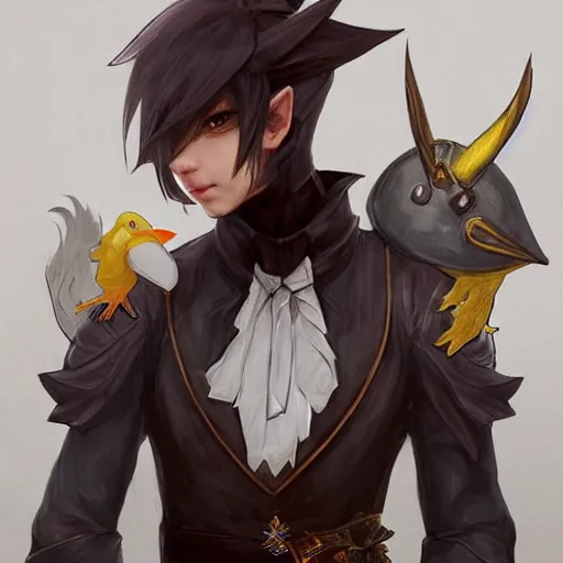 Prompt: final fantasy xiv elf wearing a tuxedo wearing a racing chocobo mask, D&D, fantasy, intricate, elegant, highly detailed, digital painting, artstation, concept art, smooth, sharp focus, illustration, art by artgerm and greg rutkowski and alphonse mucha