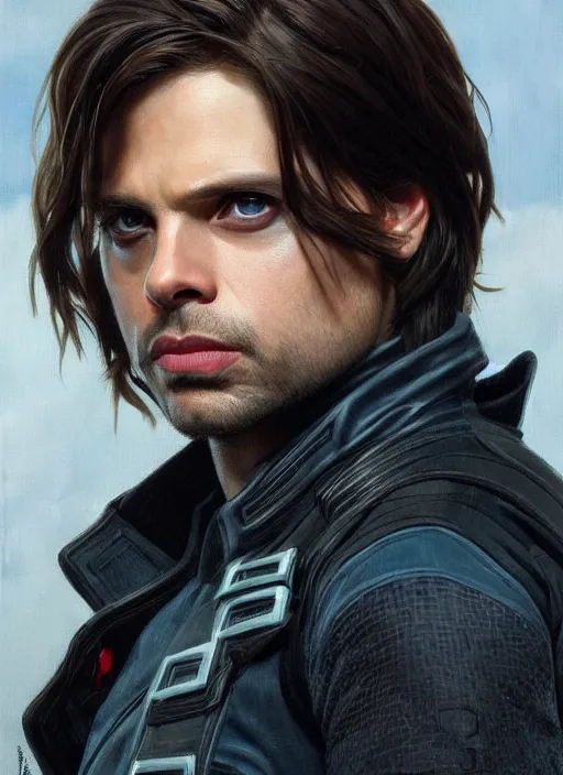 Prompt: sebastian stan as the winter soldier, close up of beautiful highly detailed face. painted by artgerm and greg rutkowski and alphonse mucha