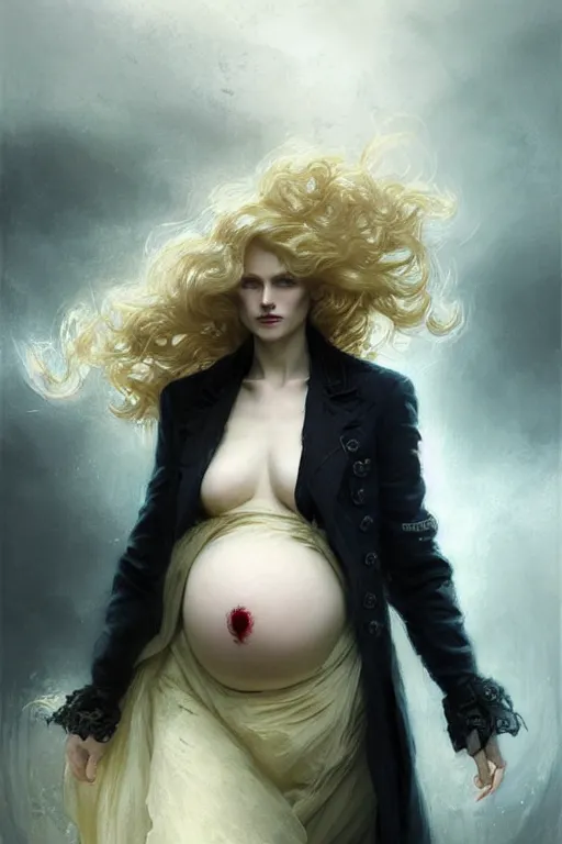 Image similar to johan liebert mixed with alucard picture by Greg Rutkowski, long fluffy blond curly hair, baroque curls, dynamic pose, matte painting, intricate, z brush, fantasy concept art, elegant, pregnant, by Stanley Artgerm Lau, WLOP, golden ratio, thomas kindkade, alphonse mucha, loish, Peter chung, norman Rockwell,