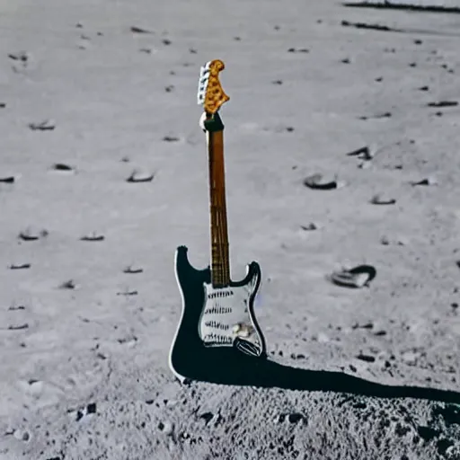 Prompt: an stratocaster electric guitar sitting idle on the moon