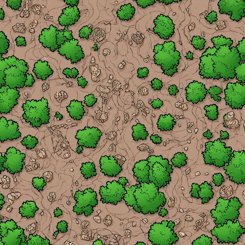 Prompt: lineart aerial view tileset : ground, tree, rock and wizard tower