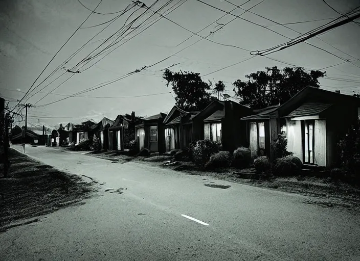 Image similar to small suburban houses in South Africa at night inspired by Edward Hopper, Photographic stills, photography, fantasy, moody lighting, dark mood, imagination, cinematic