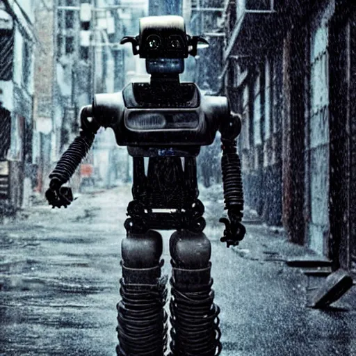 Prompt: an old robot on treads holding a katana with a badass pose. Rainy Grungy neon cyberpunk alleyways in the background Badass pose , Photo realistic , Gregory Crewdson , Award winning. Masterpiece, exquisite detail, post processing