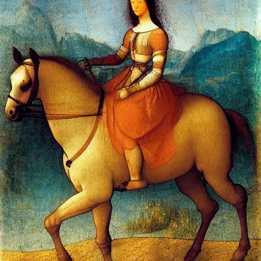 Prompt: never seen painting of a woman on a horse by leonardo da vinci