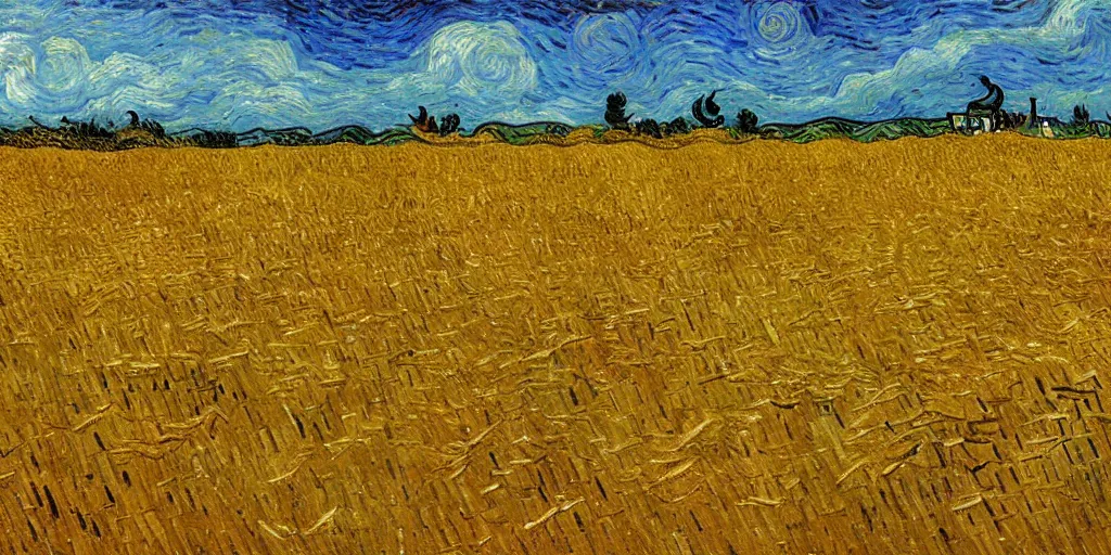 Prompt: golden wheat field, harvest, actual, lifelike, by vincent van gogh