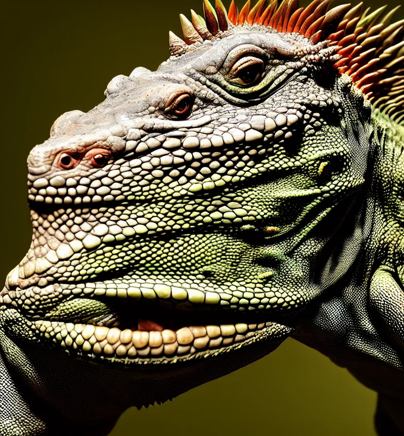 Image similar to antasy creature setting all : iguana head : : 0. 5 the head has a symmetrical horn and tumor, and there is a rhino horn at the front of the beak, and the mouth is open to reveal a mouth full of fangs with huge wings, full body rich detail realistic photoreal photorealistic octane render 8 k