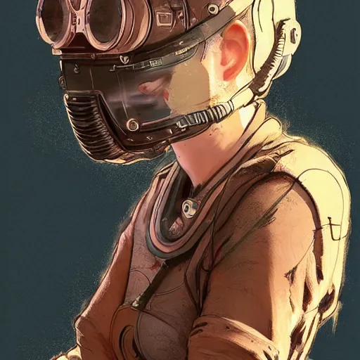 Prompt: tattooed stoic heroic emotionless butch blond woman engineer stranded on hostile dusty red alien planet, awkward and anxious, victorian goggles, very short slicked - back hair, volumetric lighting, wlop, james jean, victo ngai! muted colors, rough paper, very detailed, craig mullins, thomas kinkade, cinematic