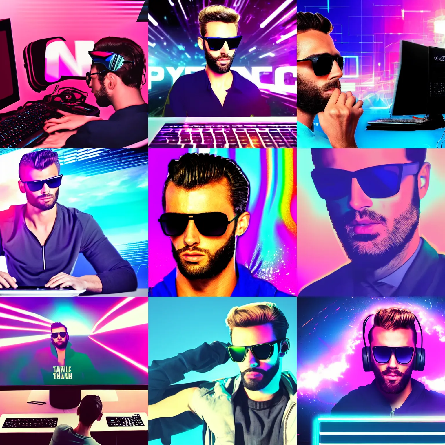 Prompt: gigachad typing on computer with sunglasses, synthwave background, exploitable image