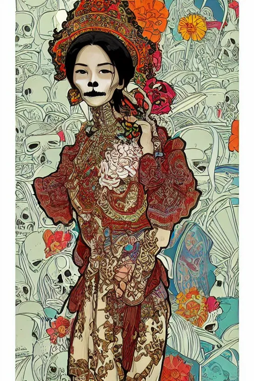 Image similar to thai traditional dress, skull portrait girl female skeleton illustration detailed patterns art pop art, splash painting, art by geof darrow, ashley wood, alphonse mucha, makoto shinkai