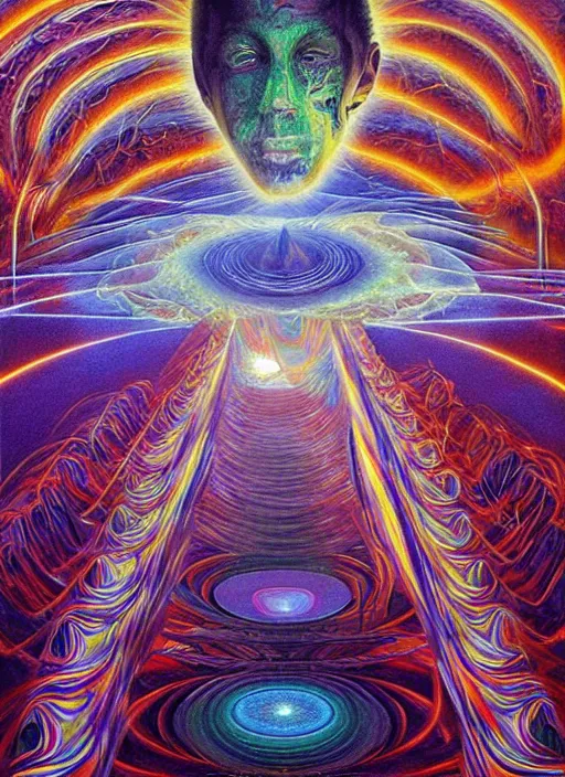Prompt: incredible ultra dimensional entity transversing time, while tripping on dmt salvia a million miles an hour, energy waves, psychedelic experience, overwhelming psychosis of self realization and burning awakening, masterpiece composition, by barclay shaw,