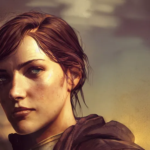 Image similar to fallout 5, charismatic beautiful rugged brunette female protagonist, portrait, outdoors low density industrial zone, atmospheric lighting, painted, intricate, volumetric lighting, beautiful, daytime, sunny weather, slight overcast, golden hour, sharp focus, deep colours, ultra detailed, by leesha hannigan, ross tran, thierry doizon, kai carpenter, ignacio fernandez rios