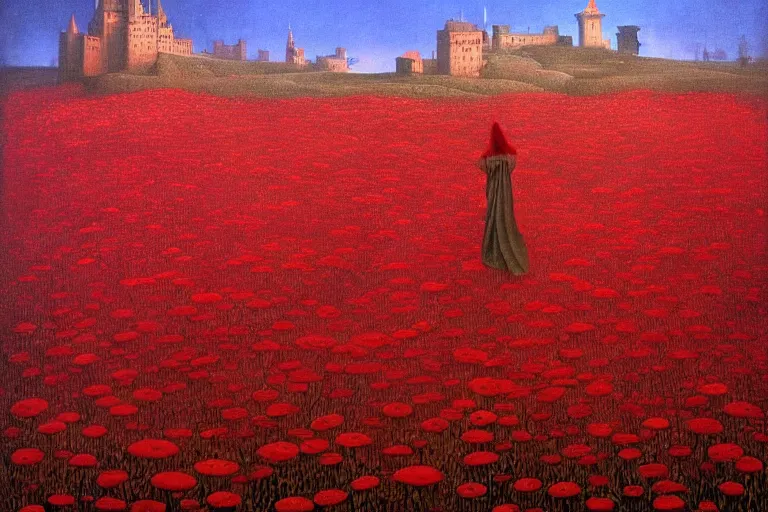 Image similar to only with red, red flowers of different types, a red tiger, a castle in the background, medieval demons dance over the flowers, an ancient path, in the style of beksinski, part by hopper, part by rodcenko, part by hofbauer, intricate composition, red by caravaggio, insanely quality, highly detailed, masterpiece, red light, artstation