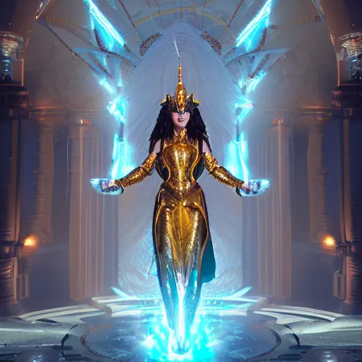 Image similar to beautifull goddess of thunder in golden armor, with incredible white and luminous temple behind the scene is in spiritual awaken, divine energy and power of spirit 4 k, 3 d, realistic, octane render cyberpunk color