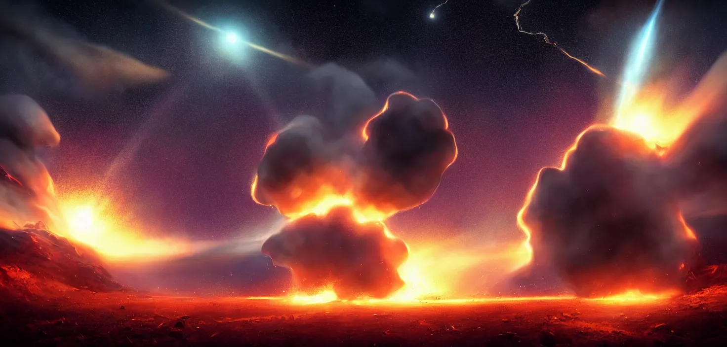 Prompt: fall of large meteorite on planet. blast wave of big bang from collision of meteorite. meteorite explosion of sparks and fire, cinematic view, epic sky, detailed, concept art, low angle, high detail, warm lighting, volumetric, godrays, vivid, beautiful, trending on artstation, by jordan grimmer, huge scene, grass, art greg rutkowski