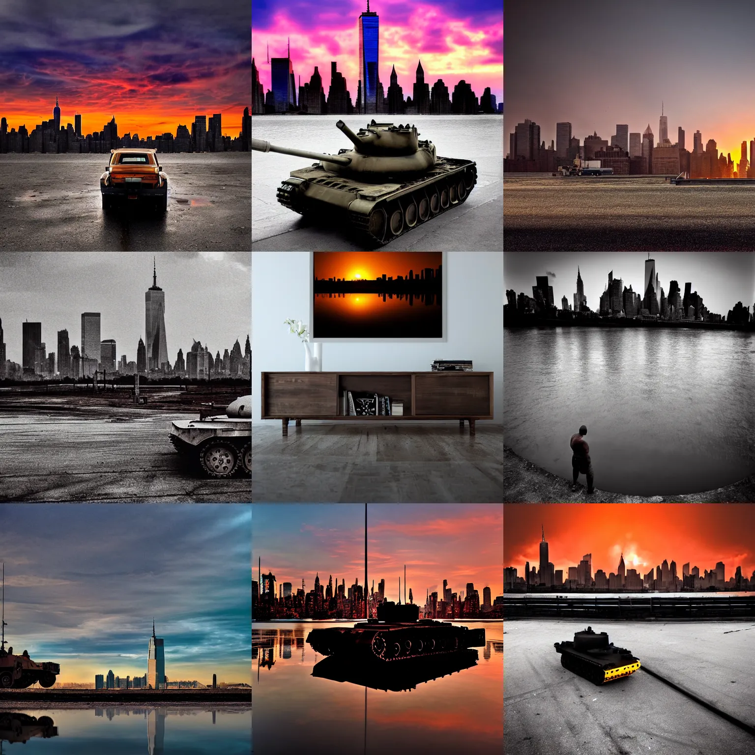 Prompt: tank in front of the burning new york skyline, reflections, award winning photograph, sunset, desolate, atmospheric