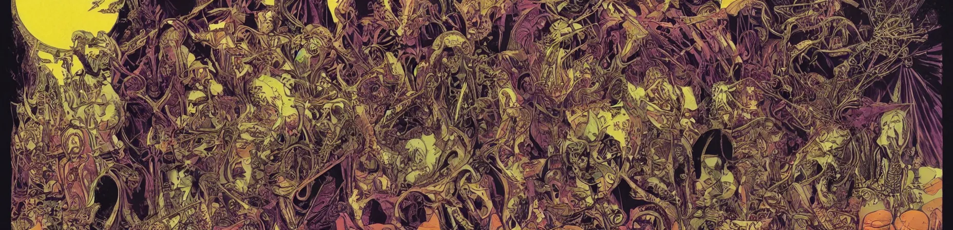 Prompt: chess set, taro deck card king and psychedelic grainshading print by moebius, richard corben, wayne barlowe, cyberpunk comic cover art, psychedelic triangular skeleton, very intricate, thick outline, full body, symmetrical face, long black crown, in a shapes background, galactic dark colors