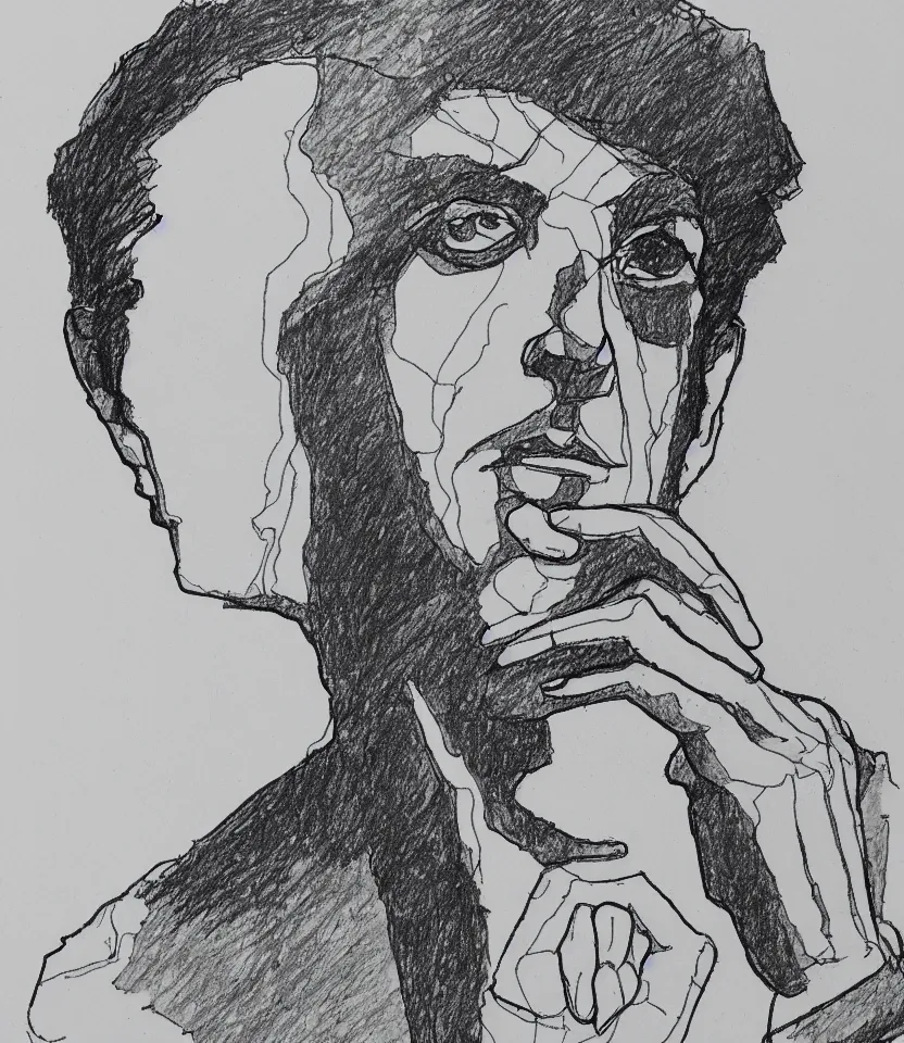 Prompt: minimalist line art portrait of leonard cohen, inspired by egon schiele. contour lines, freestyle twirls and curves, musicality, quick sketch