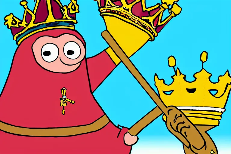 Image similar to cartoon pinto bean holding a staff, wearing kings crown, digital art,