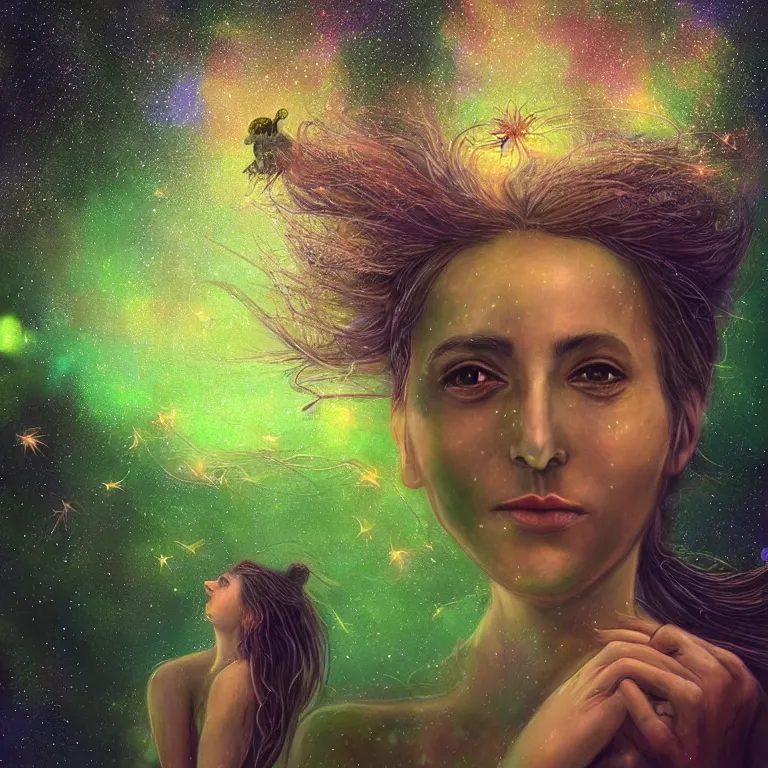 Prompt: beautiful portrait of a single woman with fireflies and stars in her hair, blooming green slopes and lianas in the background, highly detailed, hdr, 8 k resolution, fantasy art, trending on instagram