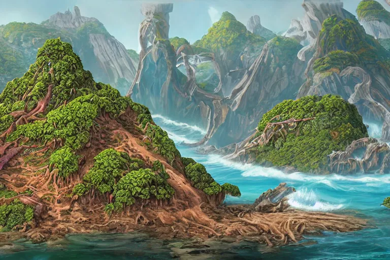 Image similar to an island from afar with forests and a mountain in open ocean, art by arthur adams, artstation, highly detailed, magic the gathering art