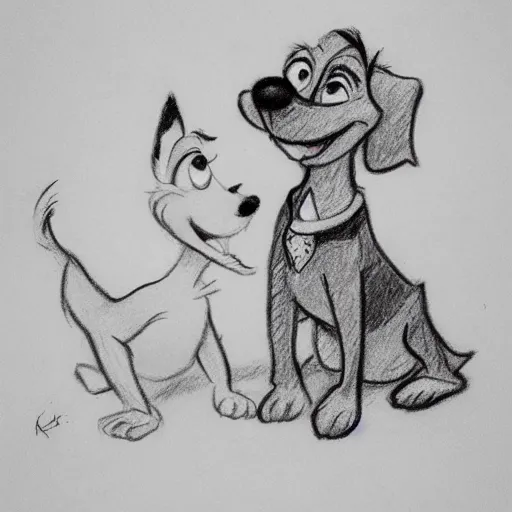 Prompt: milt kahl pencil sketch of happy mini schnauzer cartoon lady and the tramp style