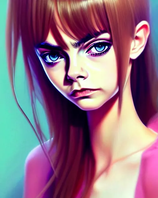 Image similar to portrait of Cara Delevingne as Anime girl cute-fine-face, full body! pretty face, realistic shaded Perfect face, fine details. Anime. realistic shaded lighting by Ilya Kuvshinov Giuseppe Dangelico Pino and Michael Garmash and Rob Rey