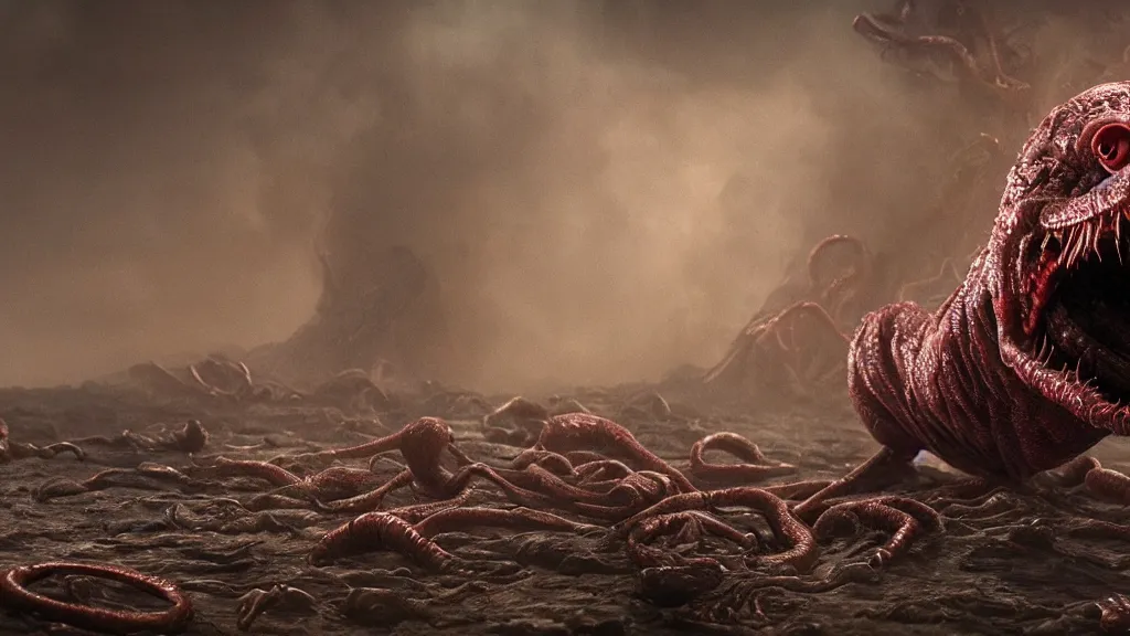 Image similar to screaming worm monster, maximalist, high detail, 8k, ornate, dark fantasy, realistic, masterpiece, complex, WLOP, film still from the movie directed by Denis Villeneuve with art direction