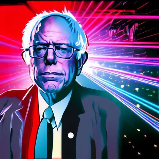 Image similar to bernie sanders with laser beams coming out of his eyes, synthwave