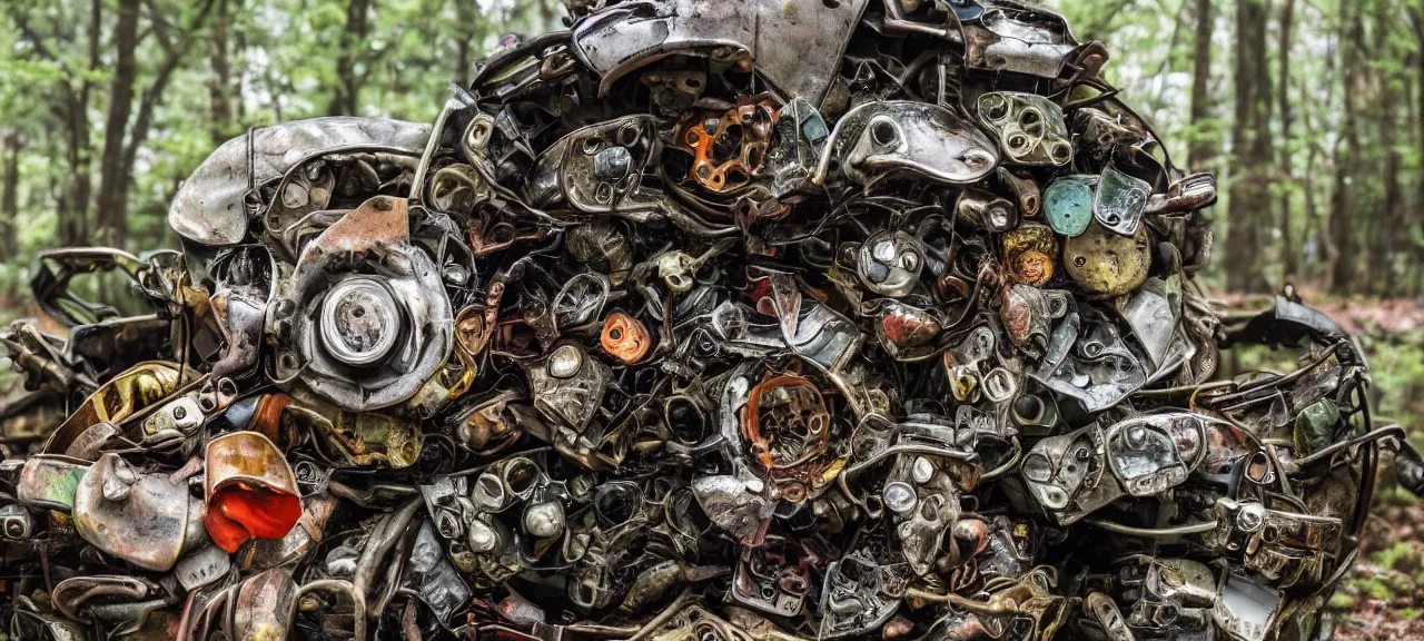 Prompt: closeup of a flower made up of automobile parts in a forest with rain