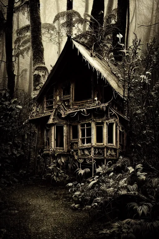 Image similar to a wet plate photograph of a ramshackle multistory fairytale hut in the forest, intricate, elegant, fantasy, highly detailed, overcast lighting, sharp focus