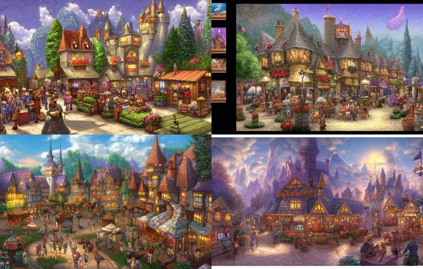 Prompt: a crowded castle town marketplace scene, at midday, from a fantasy point and click 2 d graphic adventure game, art inspired by thomas kinkade, king's quest, sierra entertainment games