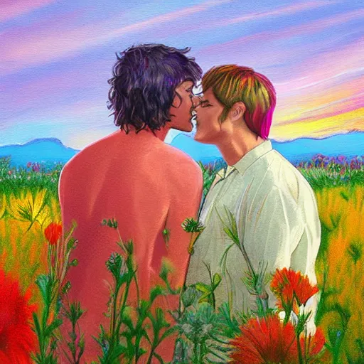 Image similar to a gay couple together in a field of flowers at sunset, realistic, intricate, 4k