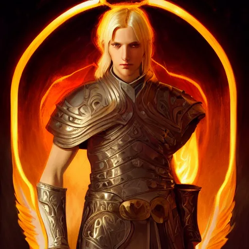 Image similar to portrait of an aasimar paladin blond young man with amber eyes wielding his flaming blade, strong, sofisticated, fantasy, highly detailed, digital painting, artstation, concept art, character art, art by greg rutkowski and tyler jacobson and alphonse mucha