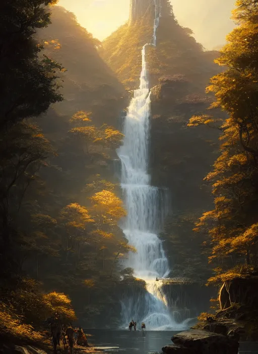 Image similar to detailed intricate digital illustration by greg rutkowski and artgerm and wlop and sanford robinson gifford ; shimmering waterfall in background ; 1 3 mm film, arri alfa anamorphic lens ; sharp focus, golden hour lighting, trending on artstation 4 k