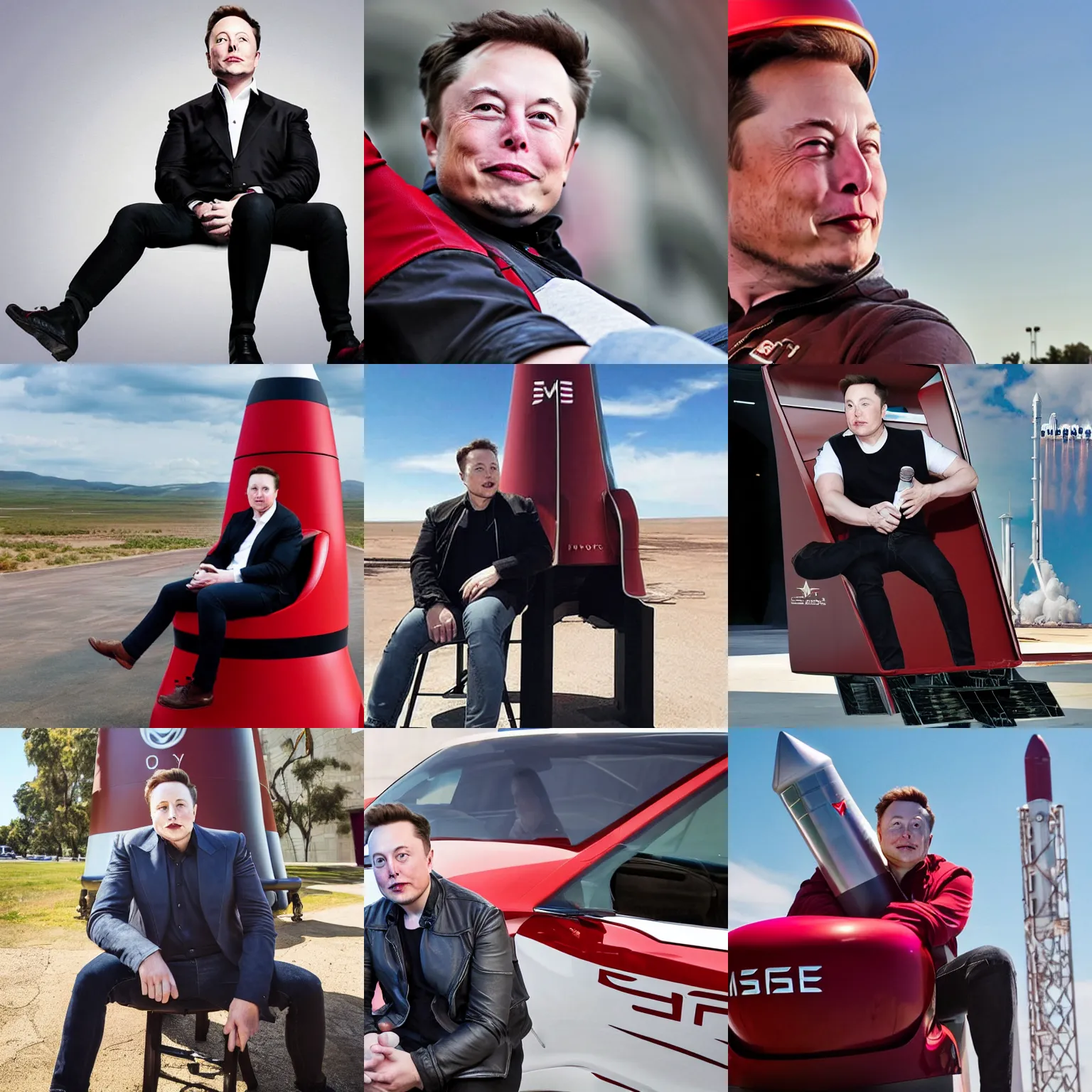 Prompt: elon musk sitting sidesaddle riding on a cute giant rocket