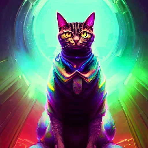 Prompt: beautiful rainbow cat. intricate portrait, occult cyberpunk, ancient futuristic, dark art, occult. by Petros Afshar, by artgerm, by Eddie Mendoza, by Peter mohrbacher, octane render, 3d, unreal engine, depth of field, bokeh, motion blur, blur