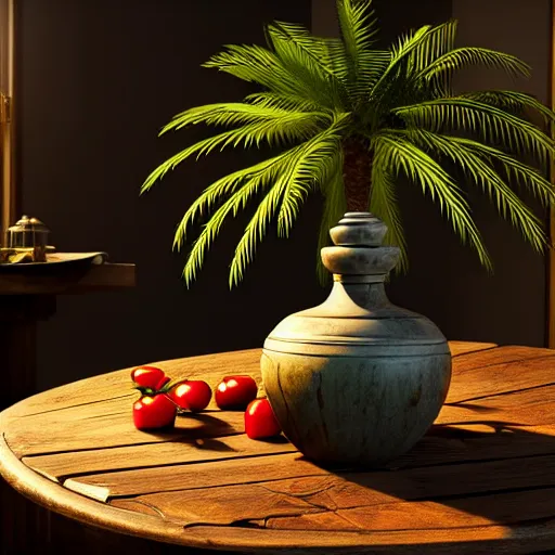 Prompt: a large vase with palms on top of a antique wooden table, vegetables on table and candle, medieval antique concept art, cinematic lightning and colors, vray tracing, rendered in unreal engine, dark lightning, contrast shadows, super detailed, 8 k