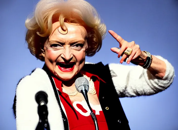Prompt: publicity photo still of betty white as a gangsta rapper live on stage, 8 k, live concert lighting, mid shot