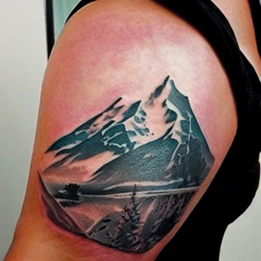 Image similar to double exposure tattoo of megan fox with beautiful mountain scenery, hyper - realistic, in the style of den yakovelev, amazing detail, sharp