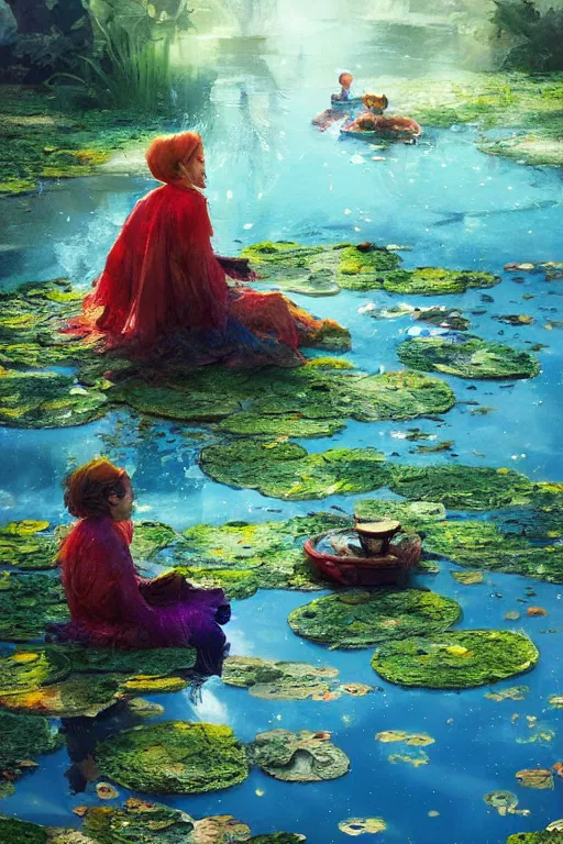 Image similar to nenufar in a pond, colorful, blue backgroung,clean, joyful, intricate, elegant, volumetric lighting, scenery, digital painting, highly detailed, artstation, sharp focus, illustration, concept art, ruan jia, steve mccurry